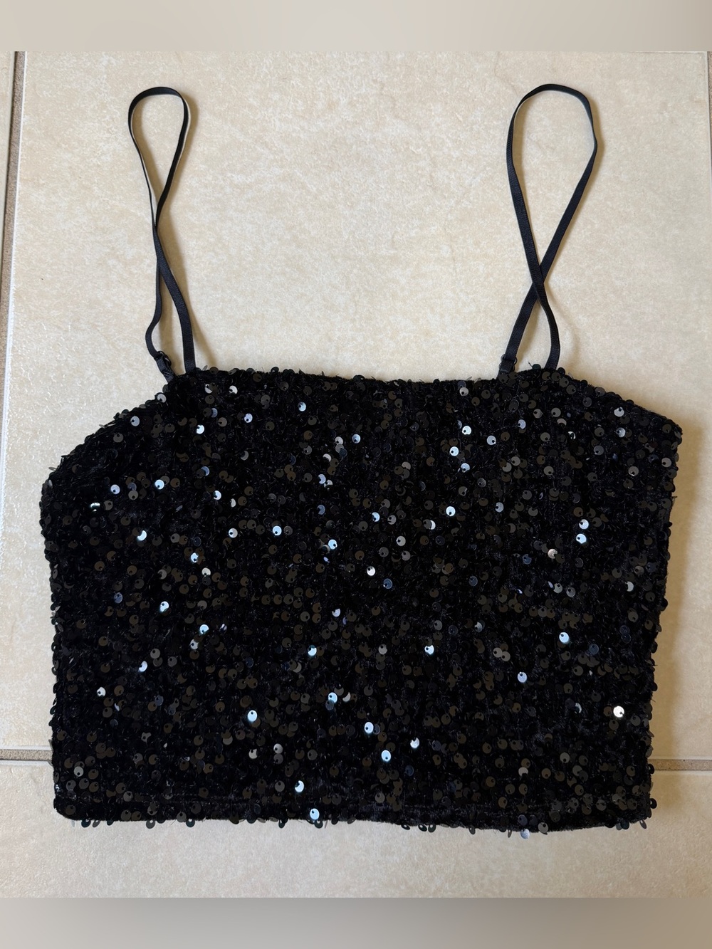 MadRag Black Sequin Crop Top Spaghetti Strap Velvet Lining Party Clubwear